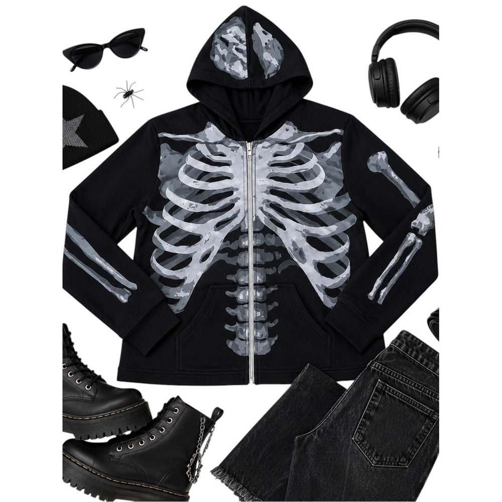 Skeleton Print Zip Up Hoodie Black Gray Goth Punk Streetwear Jacket Size Large